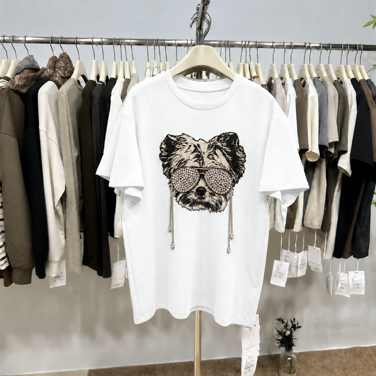 Rhinestone Sunglasses Dog T-Shirt | 3D Chain & Hand-Beaded Cotton Tee