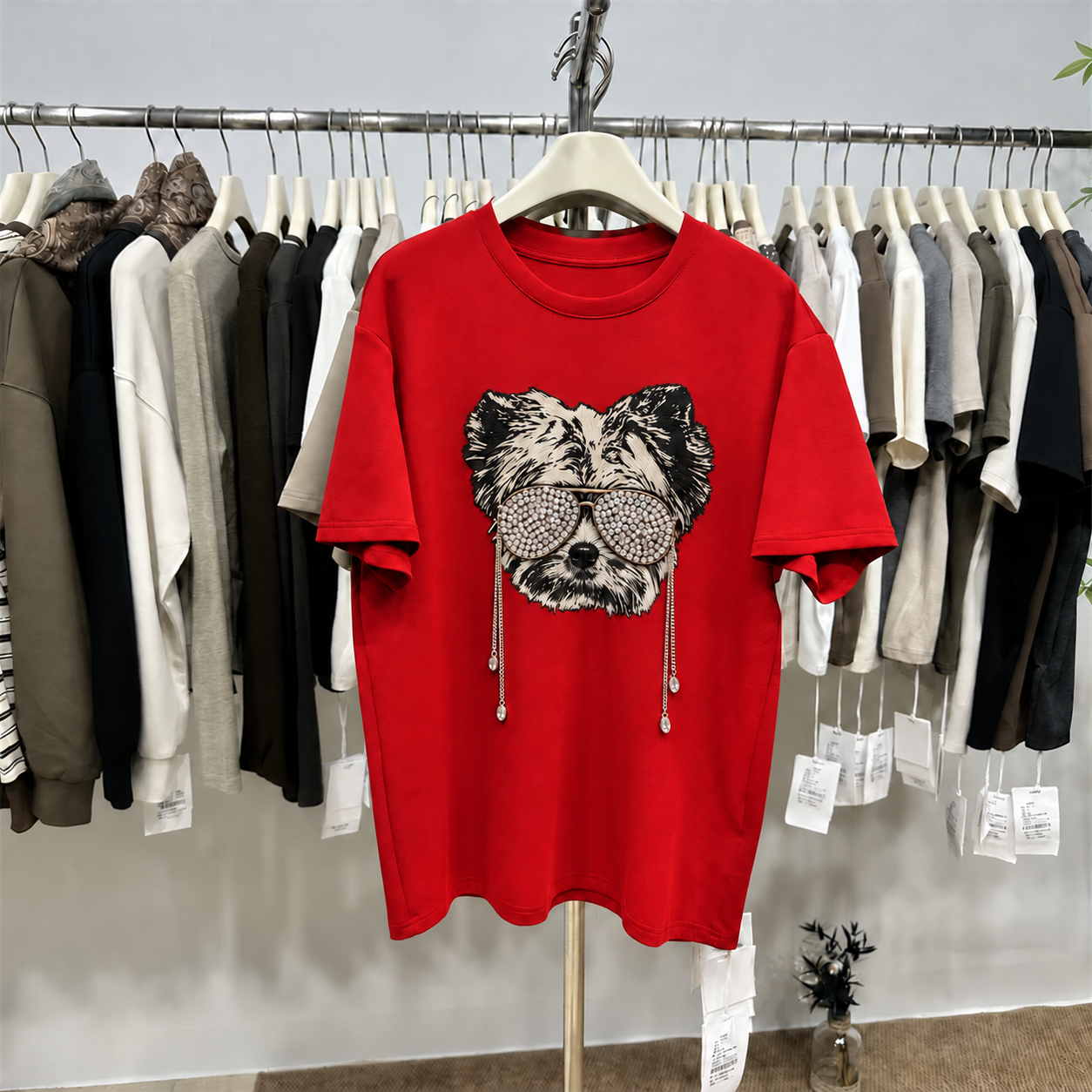 Rhinestone Sunglasses Dog T-Shirt | 3D Chain & Hand-Beaded Cotton Tee