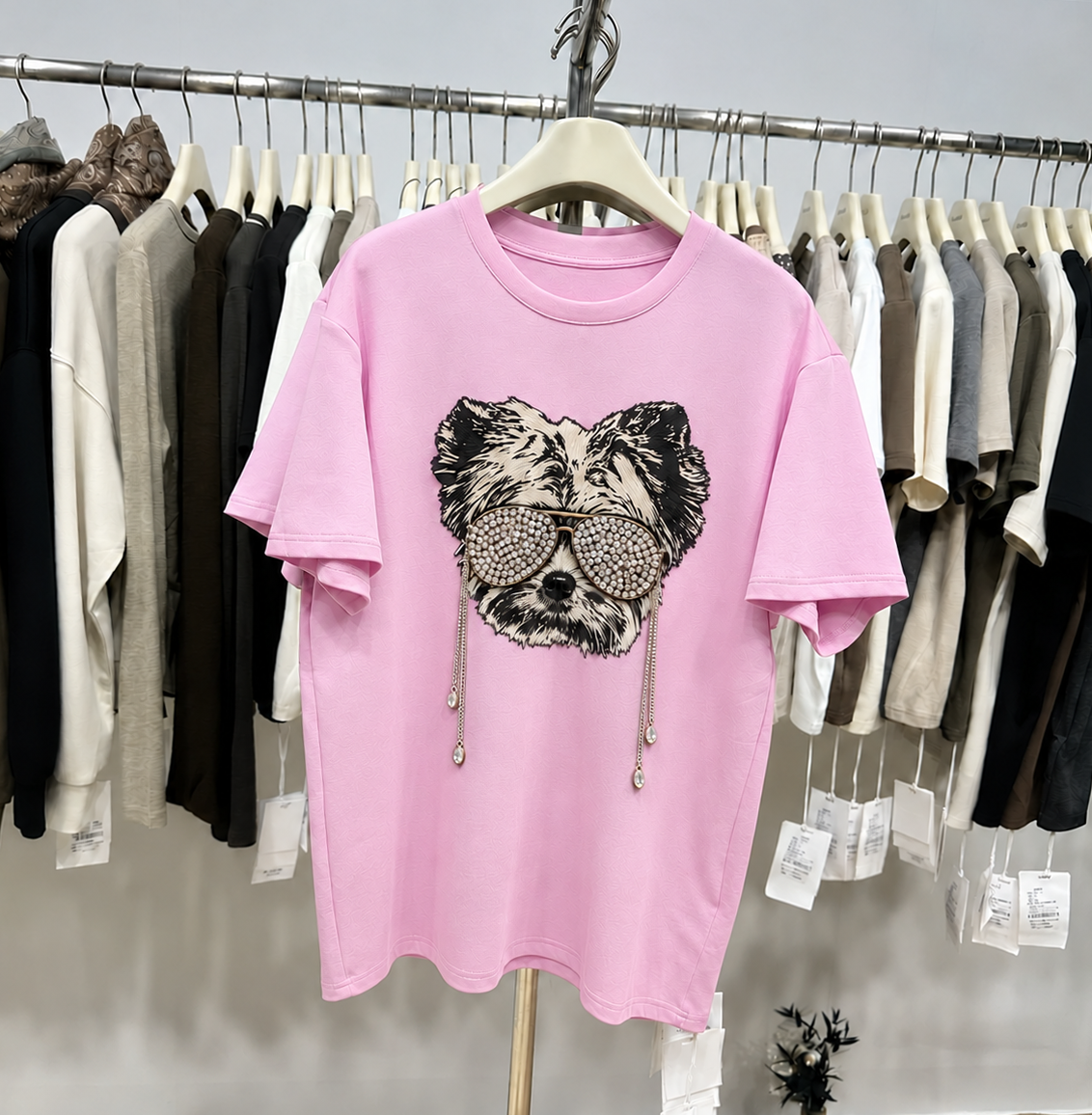 Rhinestone Sunglasses Dog T-Shirt | 3D Chain & Hand-Beaded Cotton Tee