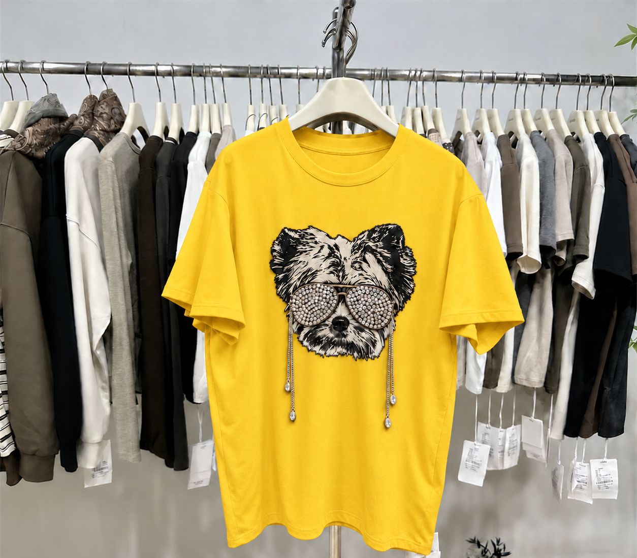 Rhinestone Sunglasses Dog T-Shirt | 3D Chain & Hand-Beaded Cotton Tee