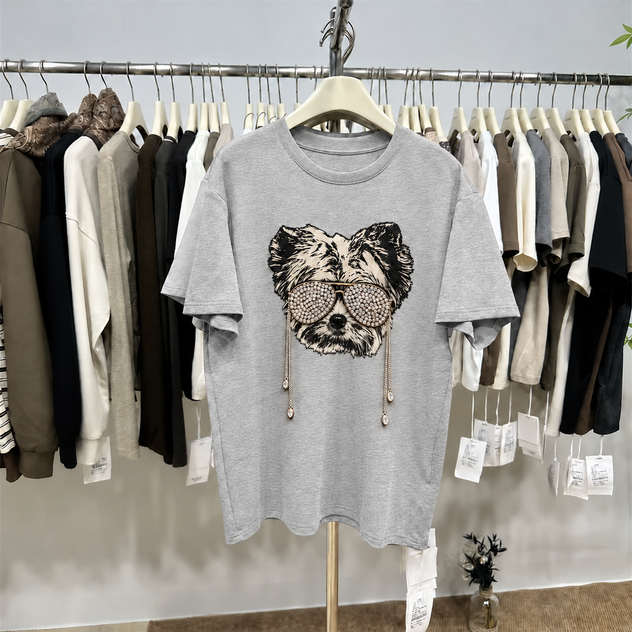 Rhinestone Sunglasses Dog T-Shirt | 3D Chain & Hand-Beaded Cotton Tee