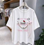 3D Hello Kitty Character T-Shirt with Pearl & Bow Detail | Cute Handmade Oversized Tee