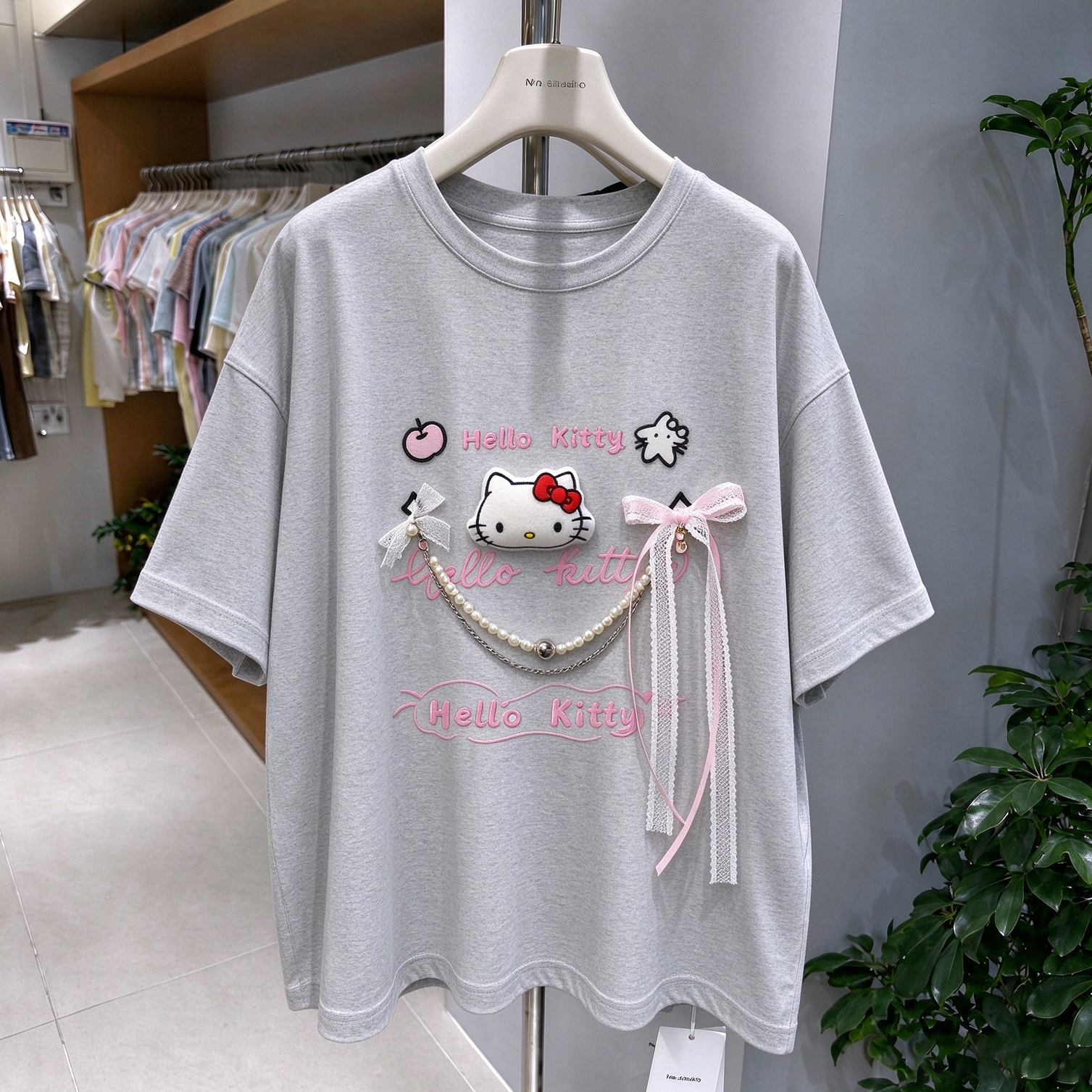3D Hello Kitty Character T-Shirt with Pearl & Bow Detail | Cute Handmade Oversized Tee