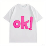 OK! Letter 3D - Decorated White T-shirts 💗 Unlock Casual Trendy Vibe-Pink
