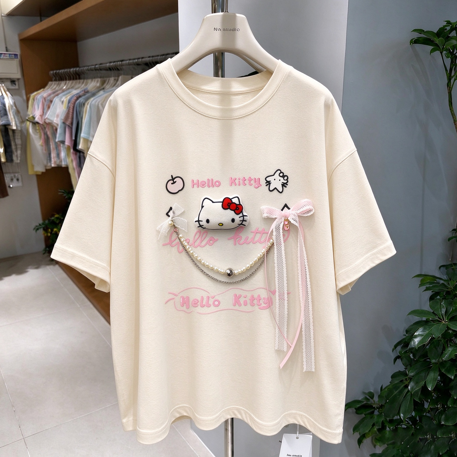 3D Hello Kitty Character T-Shirt with Pearl & Bow Detail | Cute Handmade Oversized Tee