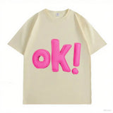 OK! Letter 3D - Decorated White T-shirts 💗 Unlock Casual Trendy Vibe-Pink