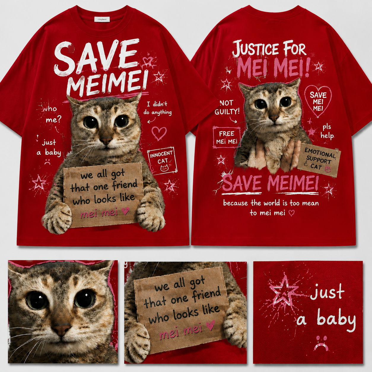 SaveMeiMei Funny Cat T-Shirt – Heavyweight Cotton Oversized Cat Meme Graphic Tee