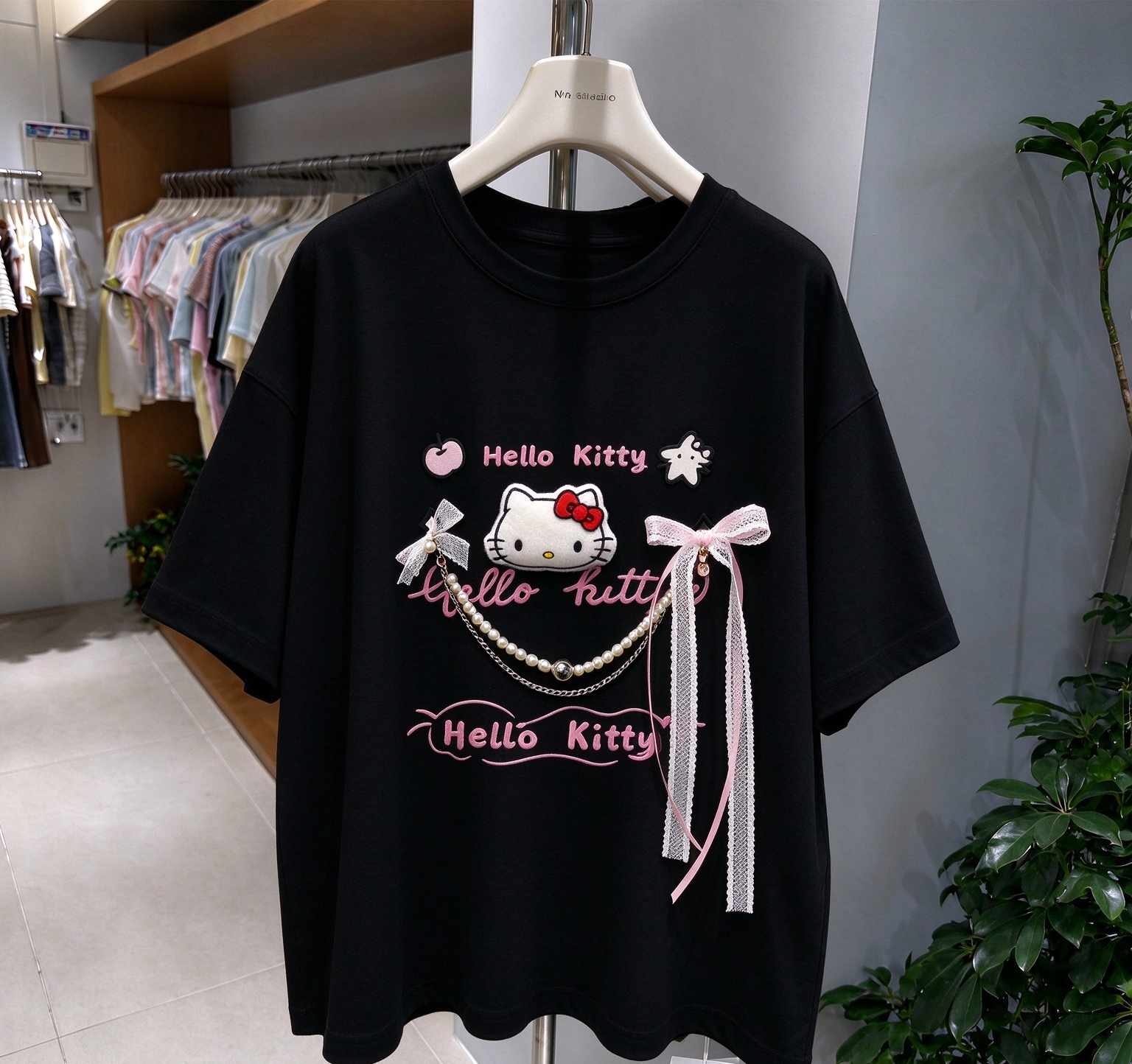 3D Hello Kitty Character T-Shirt with Pearl & Bow Detail | Cute Handmade Oversized Tee