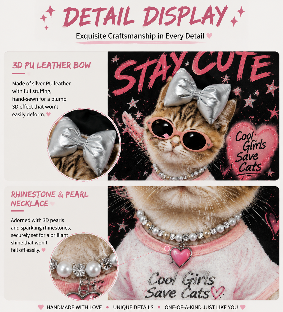A262 - Cute Cat Graphic Oversized T-Shirt 100% Cotton Tee with 3D Bow Detail & Rhinestone Necklace