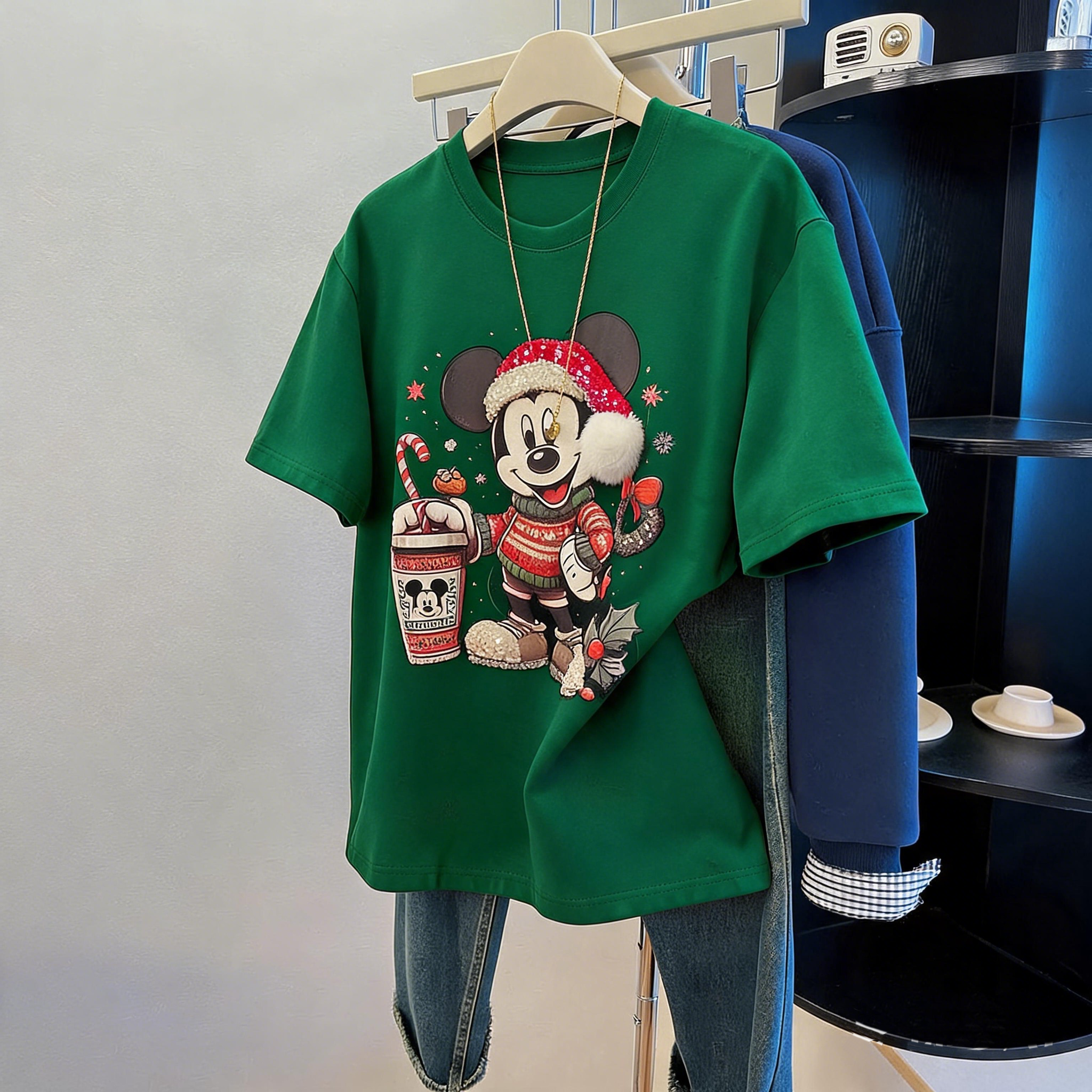 A258 - Christmas Mickey Mouse Graphic T-Shirt | 220G Heavy Cotton Tee with Handmade Beaded Embroidery & Festive Holiday Design