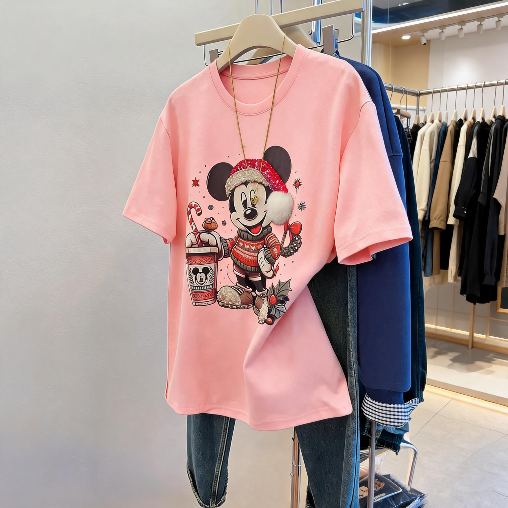 A258 - Christmas Mickey Mouse Graphic T-Shirt | 220G Heavy Cotton Tee with Handmade Beaded Embroidery & Festive Holiday Design
