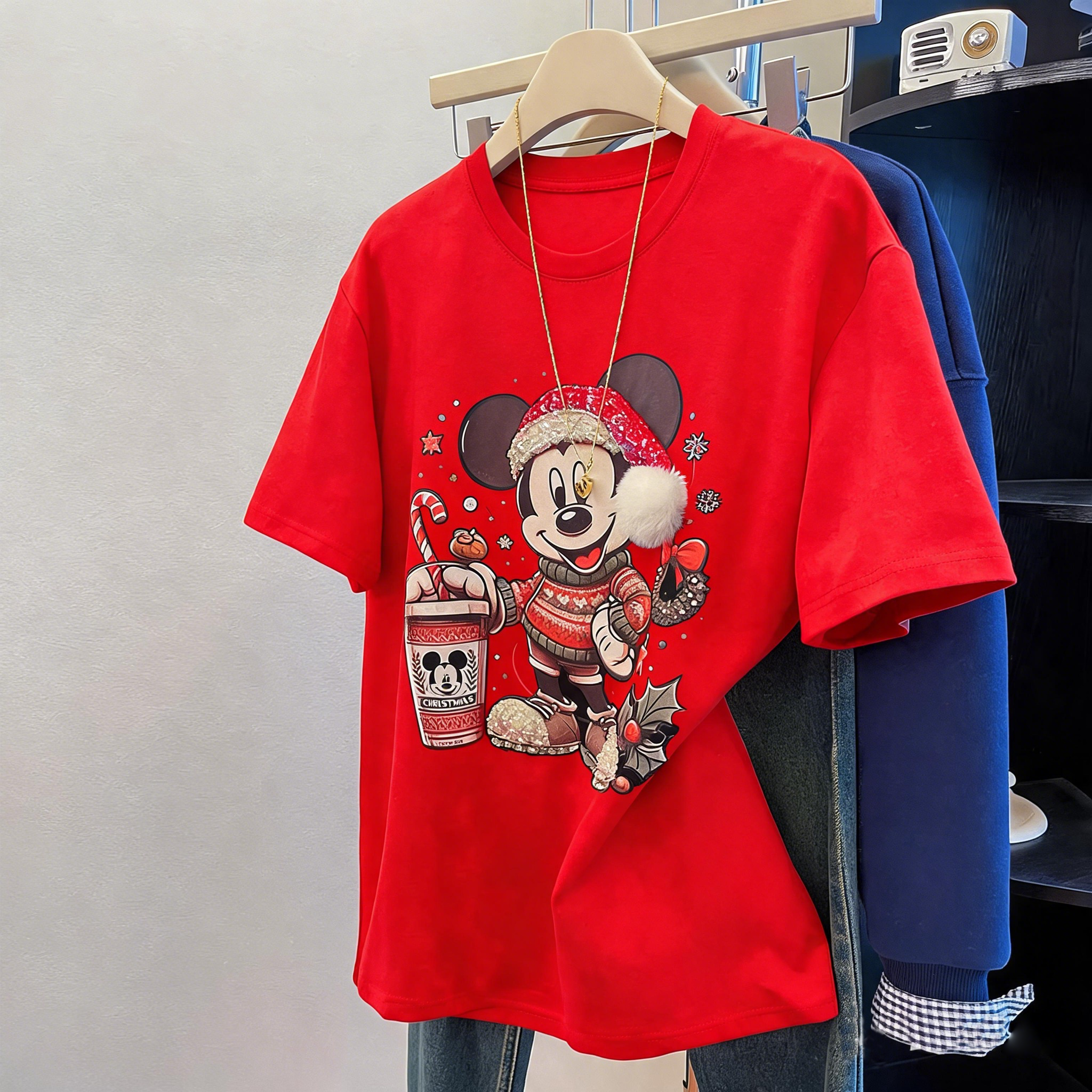 A258 - Christmas Mickey Mouse Graphic T-Shirt | 220G Heavy Cotton Tee with Handmade Beaded Embroidery & Festive Holiday Design