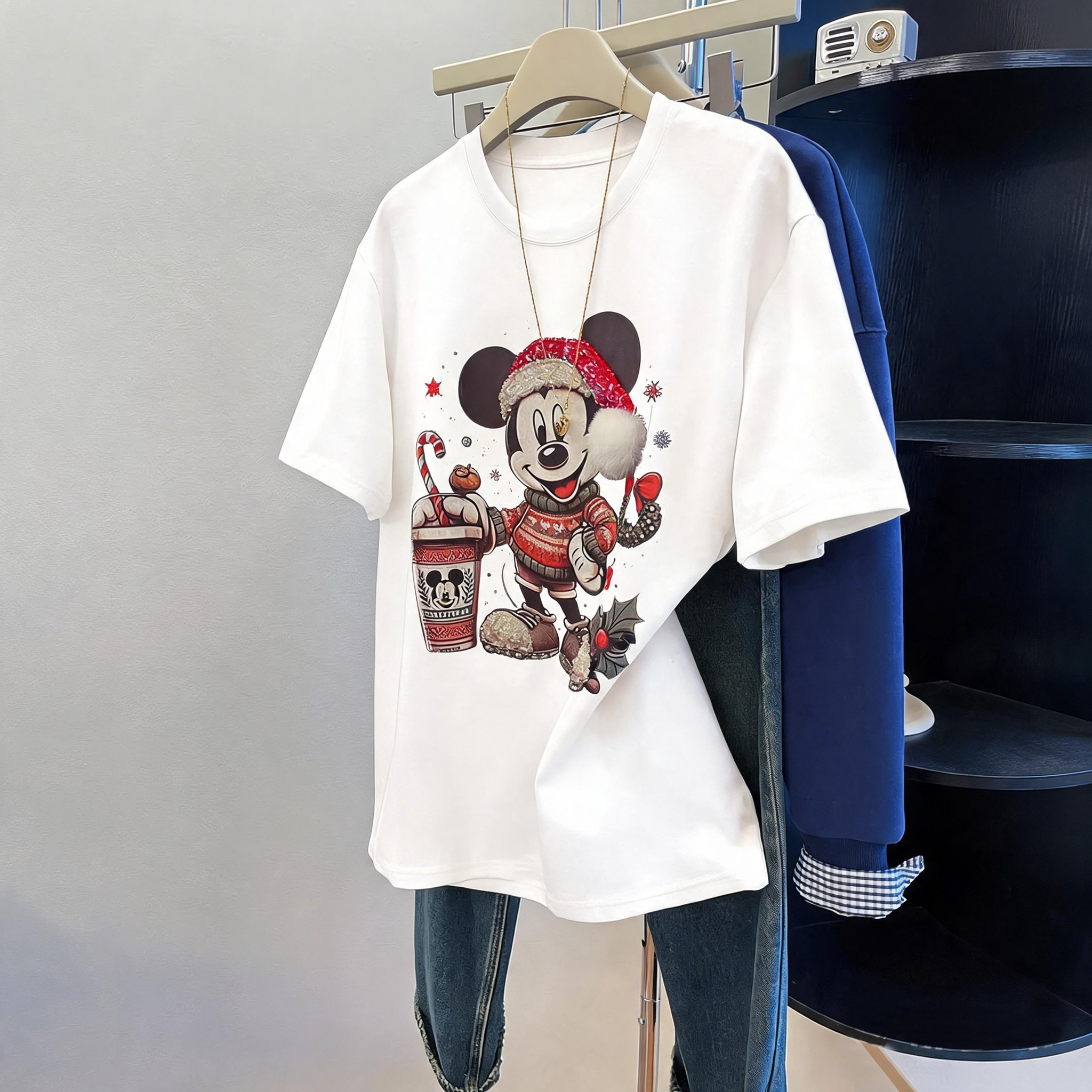 A258 - Christmas Mickey Mouse Graphic T-Shirt | 220G Heavy Cotton Tee with Handmade Beaded Embroidery & Festive Holiday Design