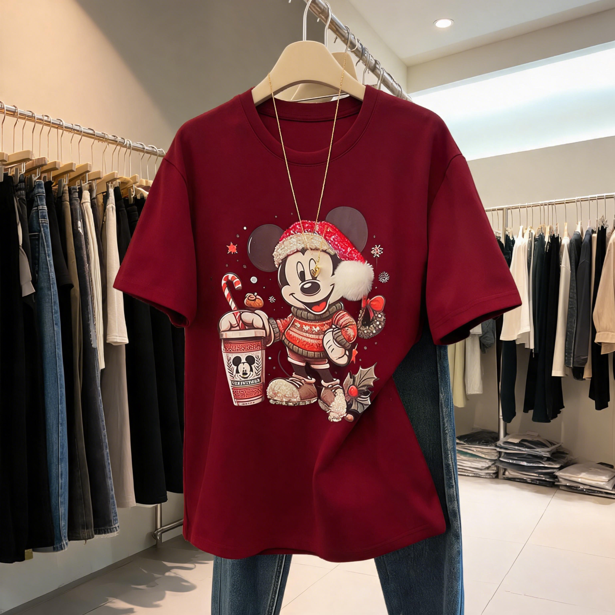 A258 - Christmas Mickey Mouse Graphic T-Shirt | 220G Heavy Cotton Tee with Handmade Beaded Embroidery & Festive Holiday Design