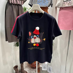VINESU A48 Oversized 3D Christmas Cat Graphic Tee | Blessing Coquette Top