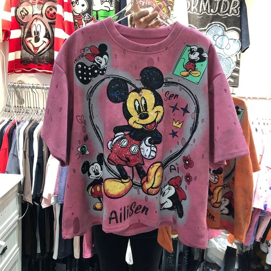 A163 - Mickey Mouse Sequin Cropped Tee - 320g Ultra-Heavyweight Premium Cotton - Boxy Fit Short Graphic T-Shirt