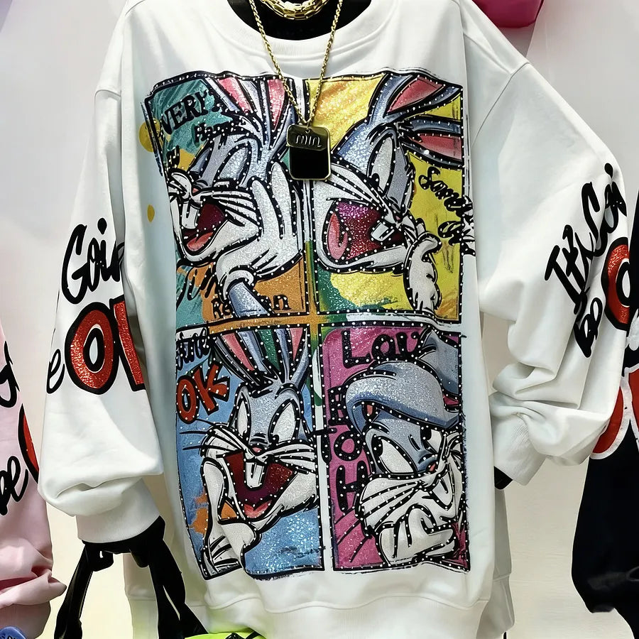 VINESU B02 -  Hand-Studded Rhinestone Bunny Grid Oversized Sweatshirt