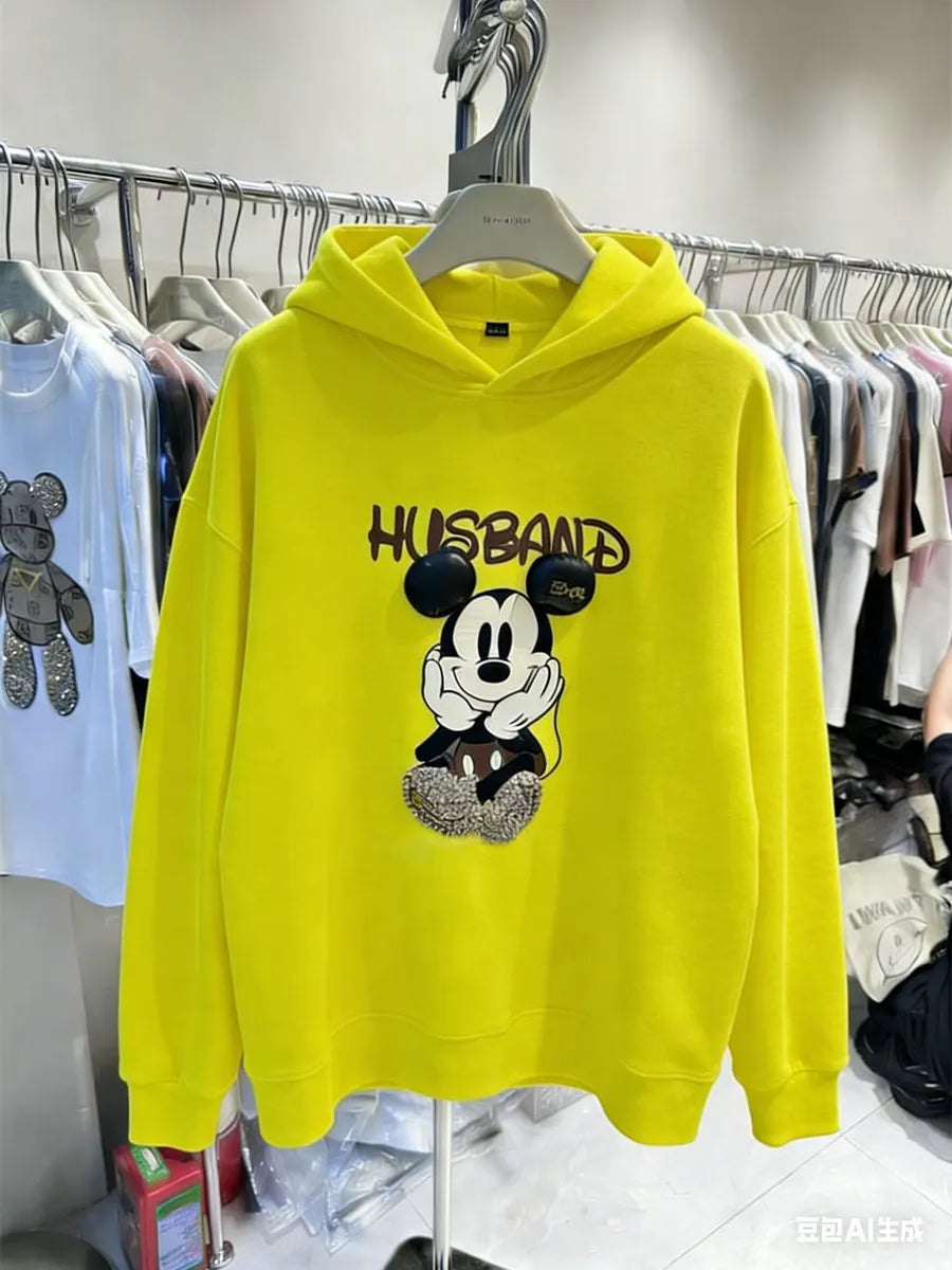 VINESU Rhinestone Mickey Hoodie - 3D Bling Design, Sweet-Cool Street Style