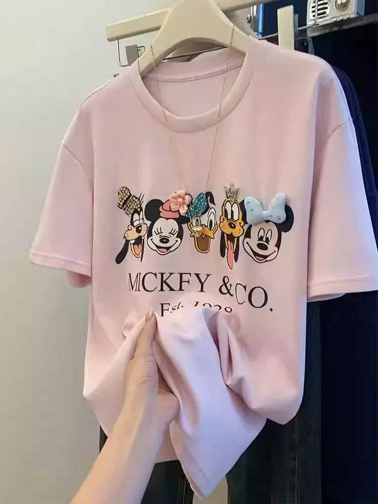 VINESU Pink Crystal-Embellished T-Shirt with 3D Floral Appliqué
