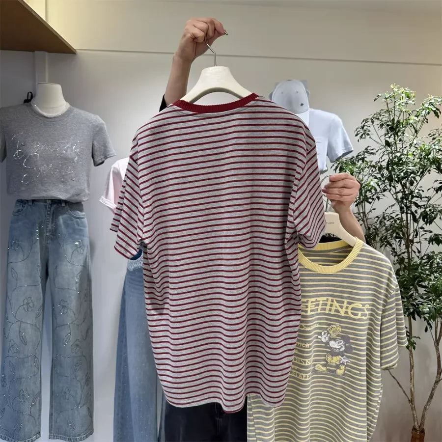 A133 - 2026 Urban Retro Mickey Striped Tee | 300g Heavyweight Premium Cotton | Oversized Summer Essential