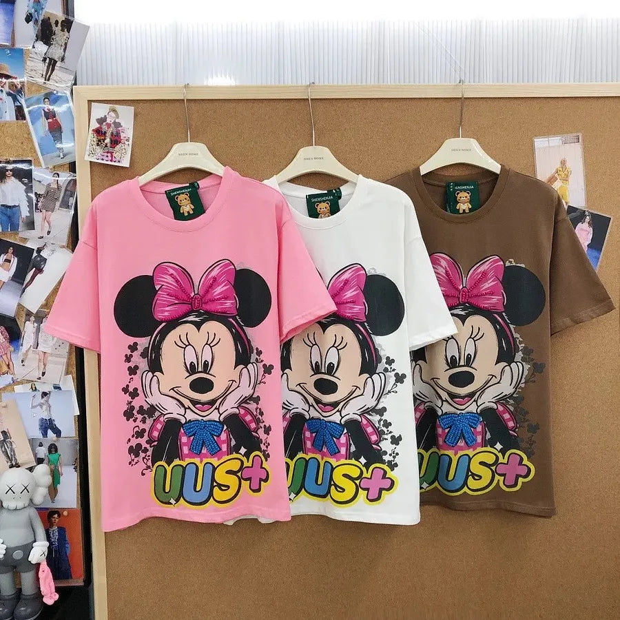 VINESU MKT04 - Cartoon Mouse Hand-Embellished Oversized Cotton T-Shirt