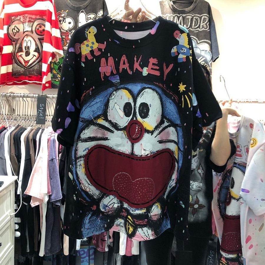 A161 - Luxury Doraemon Sequin Embroidered T-Shirt - 320g Ultra-Heavyweight Cotton Tee - Structured Oversized Boxy Fit Streetwear