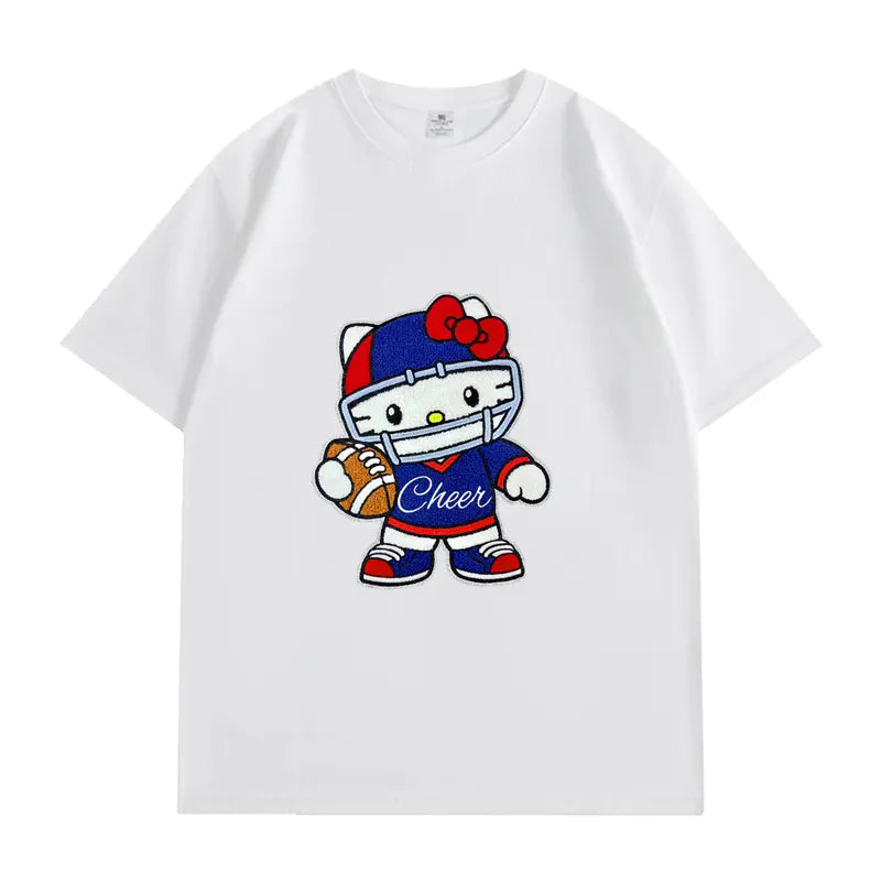 VINESU Sports Style Hello Kitty Football-Themed Textured Embroidered Short-Sleeve T-Shirt