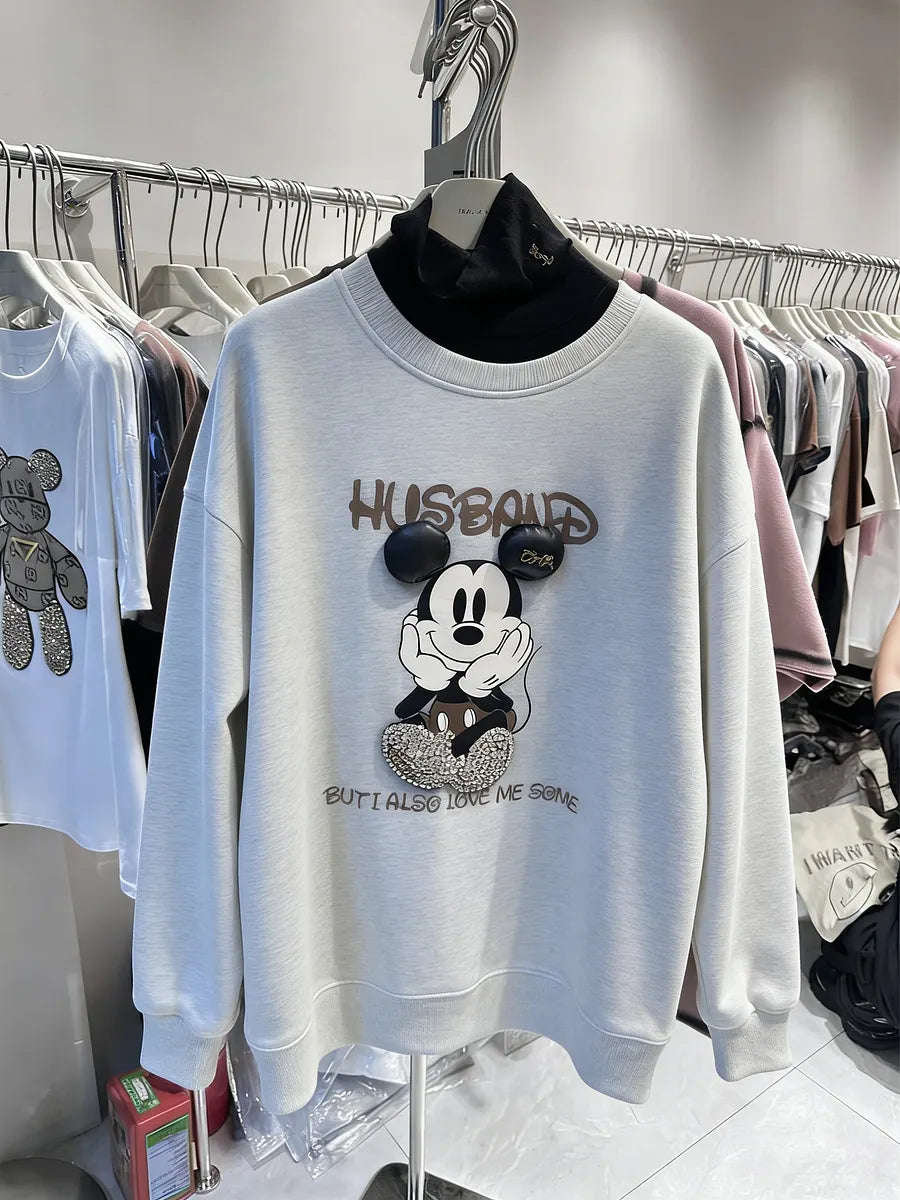 VINESU Rhinestone Retro Cartoon Sweatshirt - 3D Bling Design, Sweet-Cool Street Style
