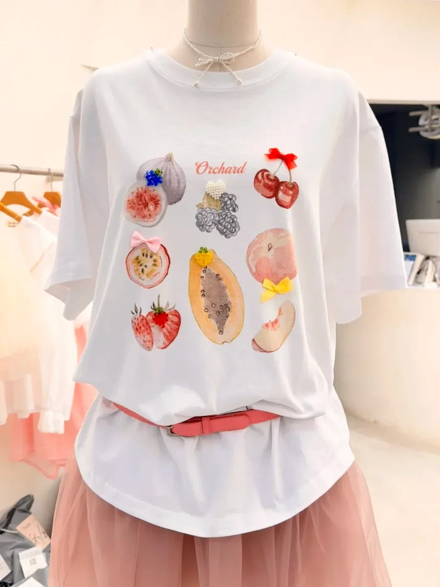Vinesu A74 - Orchard Hand-Painted Beaded Bow Decor T-Shirt | 220g Cotton Loose Casual Top