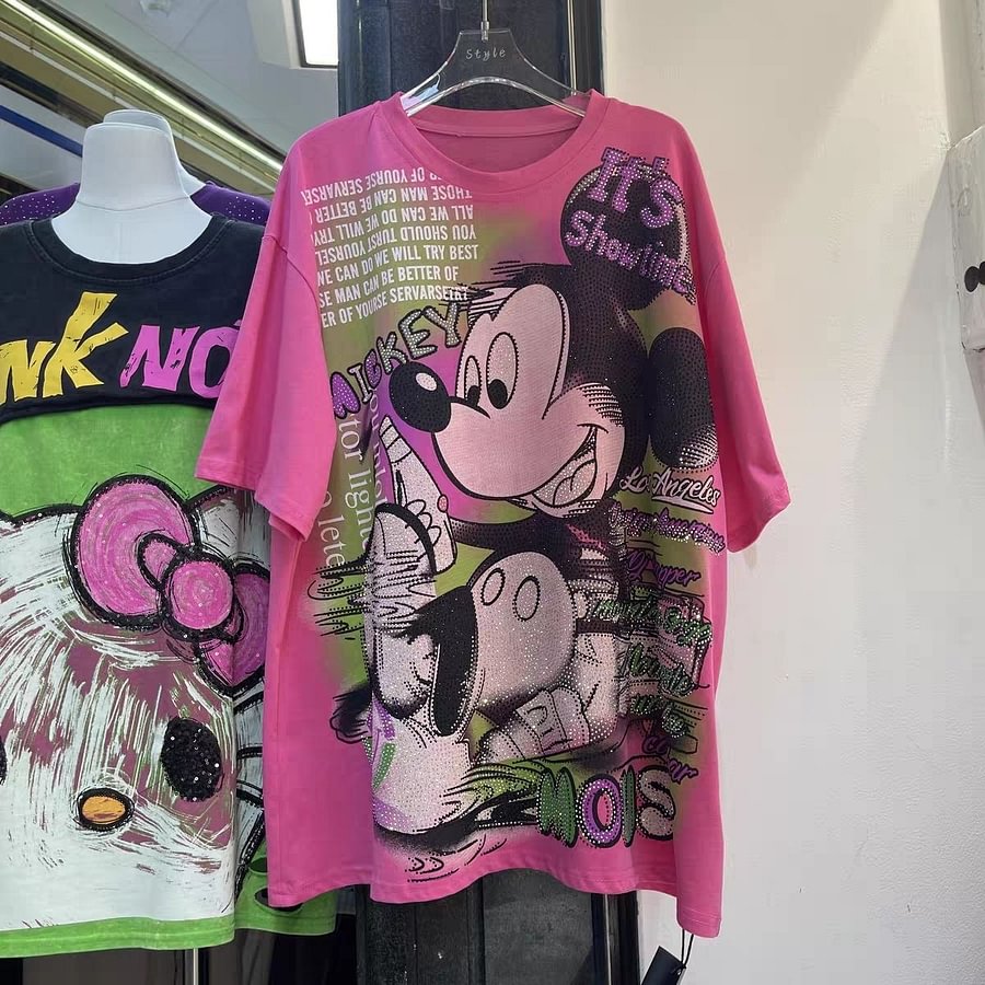 A194 - Oversized Heavyweight 320g Cotton Graphic Tee - Luxury Rhinestone Mickey Streetwear T-Shirt with Double-Sided Print