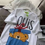 VINESU Gift Box Bear Rhinestone Letter Print White Tee | Street Style Top