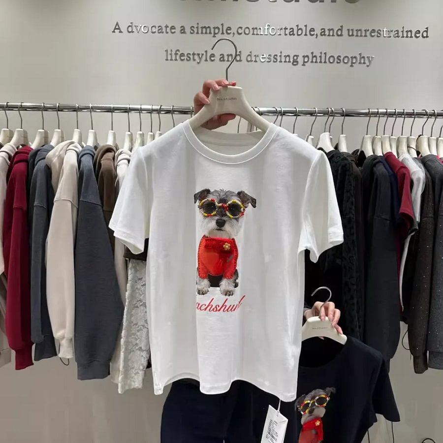 VINESU A50 220GSM Cotton Schnauzer Graphic Tee | Rhinestone Embellished Dog Print T-Shirt