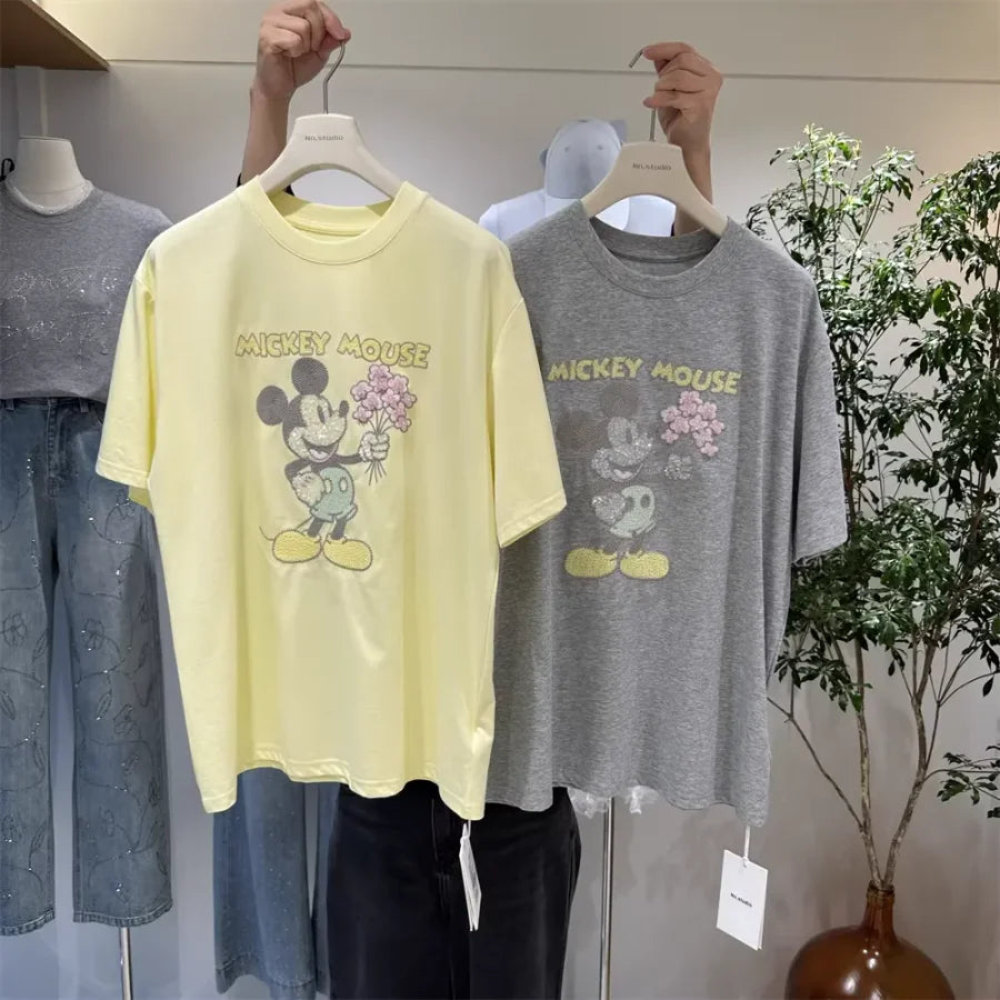 A138 - 2026 New Versatile Cotton Short Sleeve T-Shirt: Mickey Embroidery, Sequins, and 3D Flower Details