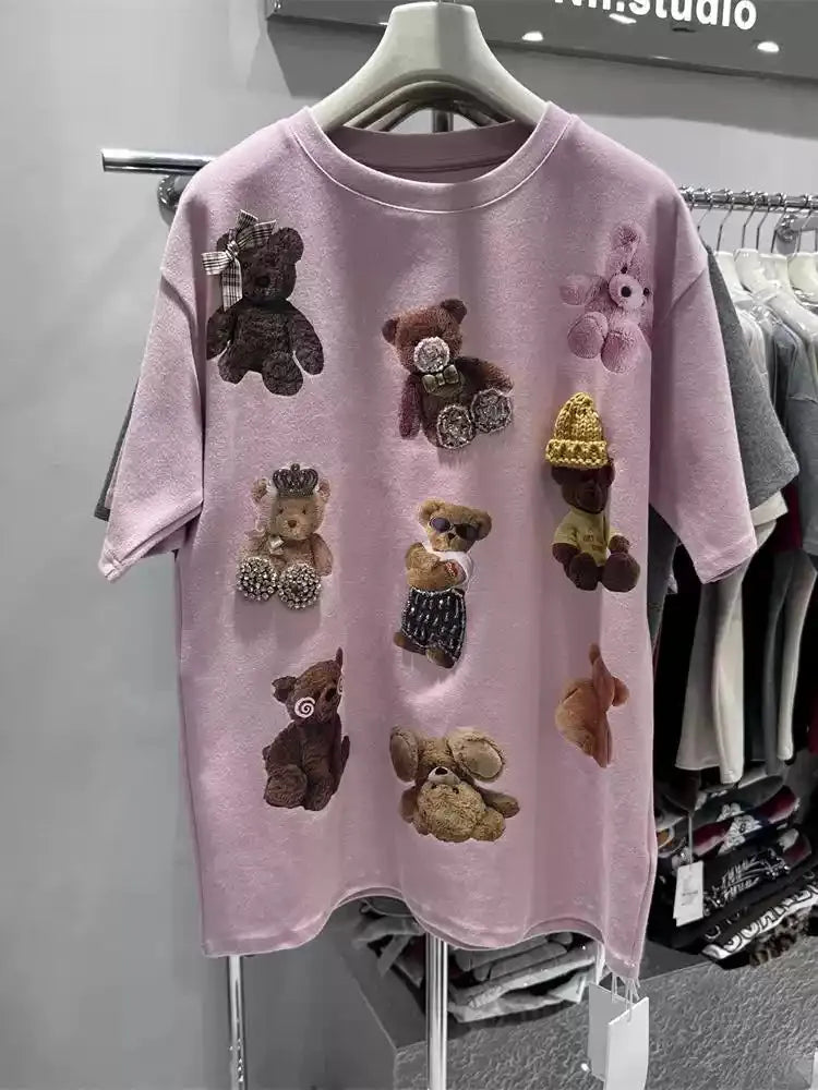 VINESU All-Over Teddy Bear Embroidery Heavyweight Tee