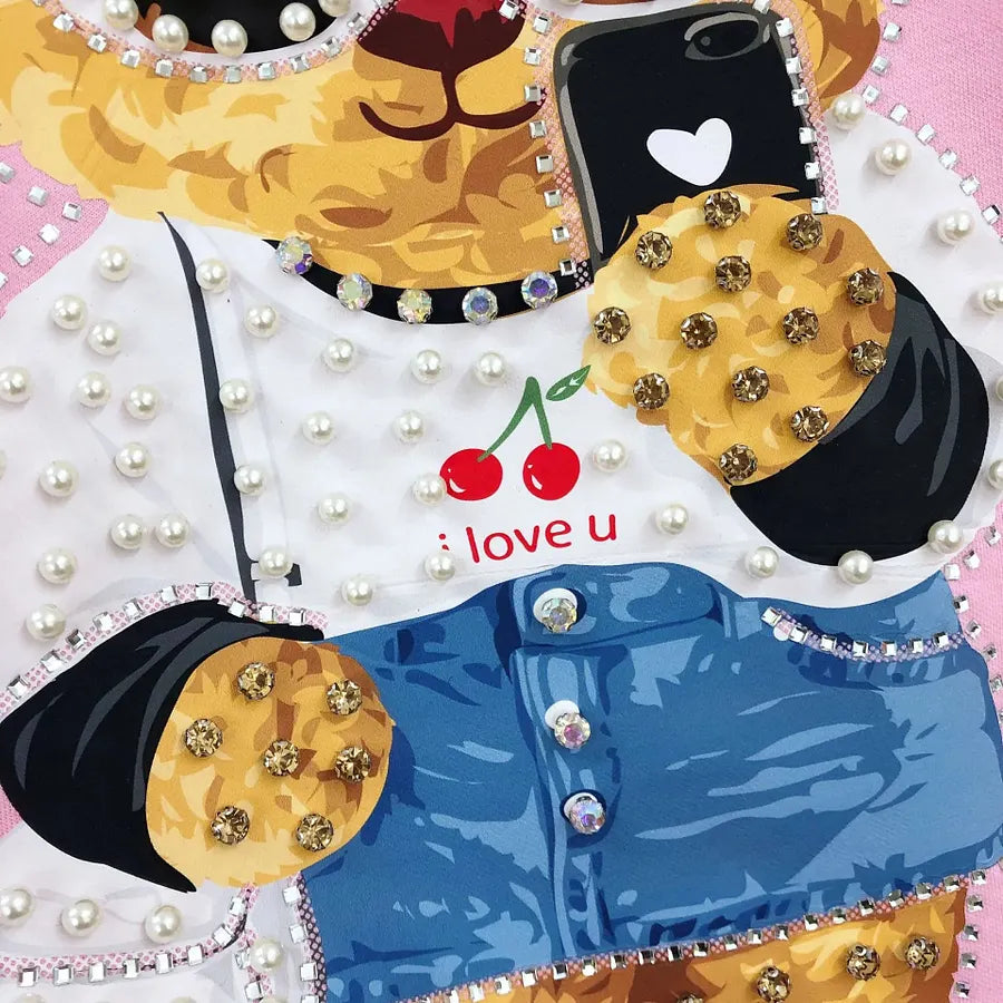 VINESU A18 - Selfie Teddy Bear Print Hand-Beaded Casual T-Shirt