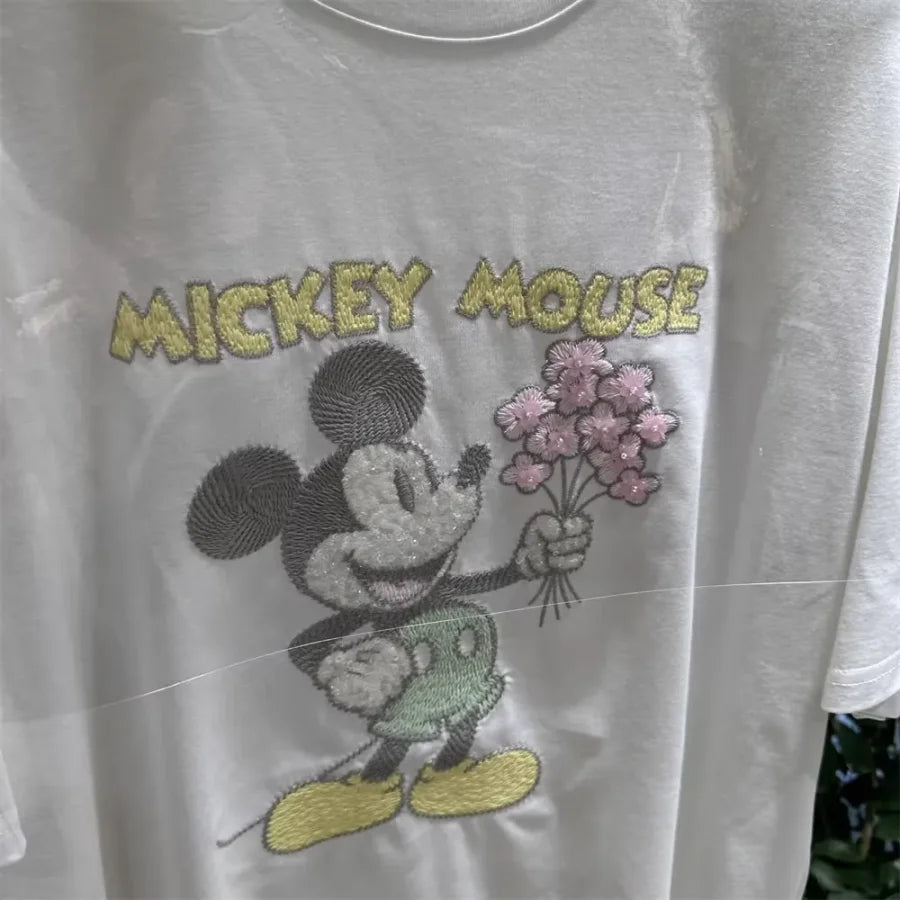 A138 - 2026 New Versatile Cotton Short Sleeve T-Shirt: Mickey Embroidery, Sequins, and 3D Flower Details