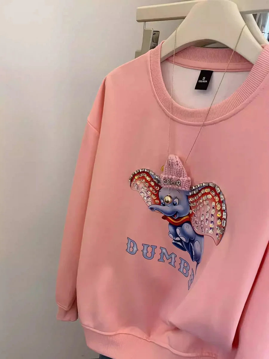 VINESU Dumbo Sweatshirt - with ears covered in shiny rhinestones and wearing a three - dimensional plush small hat