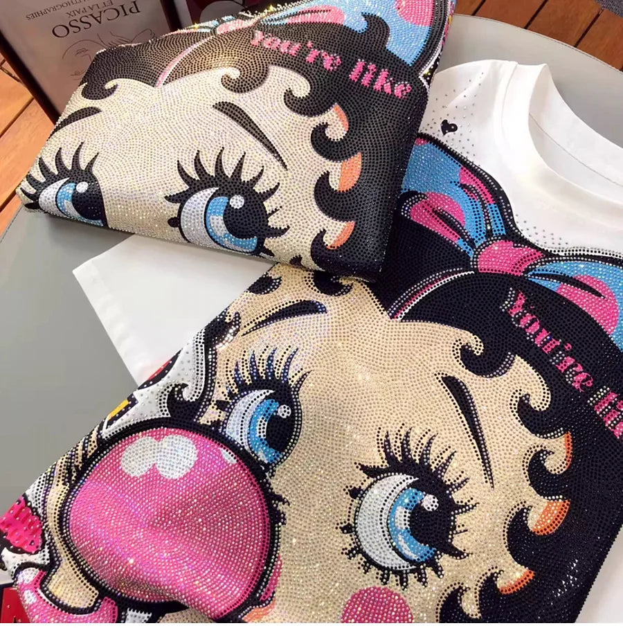 VINESU A01 - Rhinestone Betty Boop Cotton Brushed Oversized T-Shirt