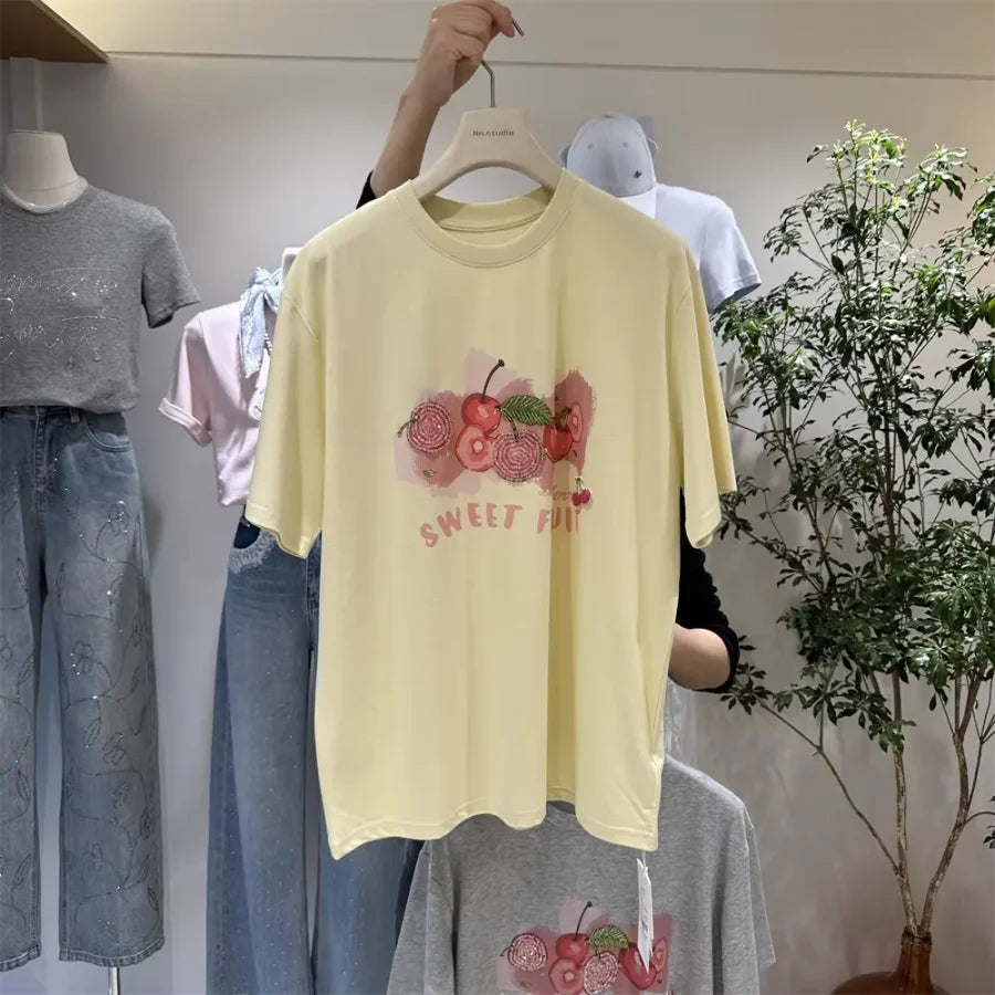 A134 - Heavywork Cherry Tee: 220g Organic Cotton | 3D Hand-Stitched Crystal Beads | Summer 2026 Edition