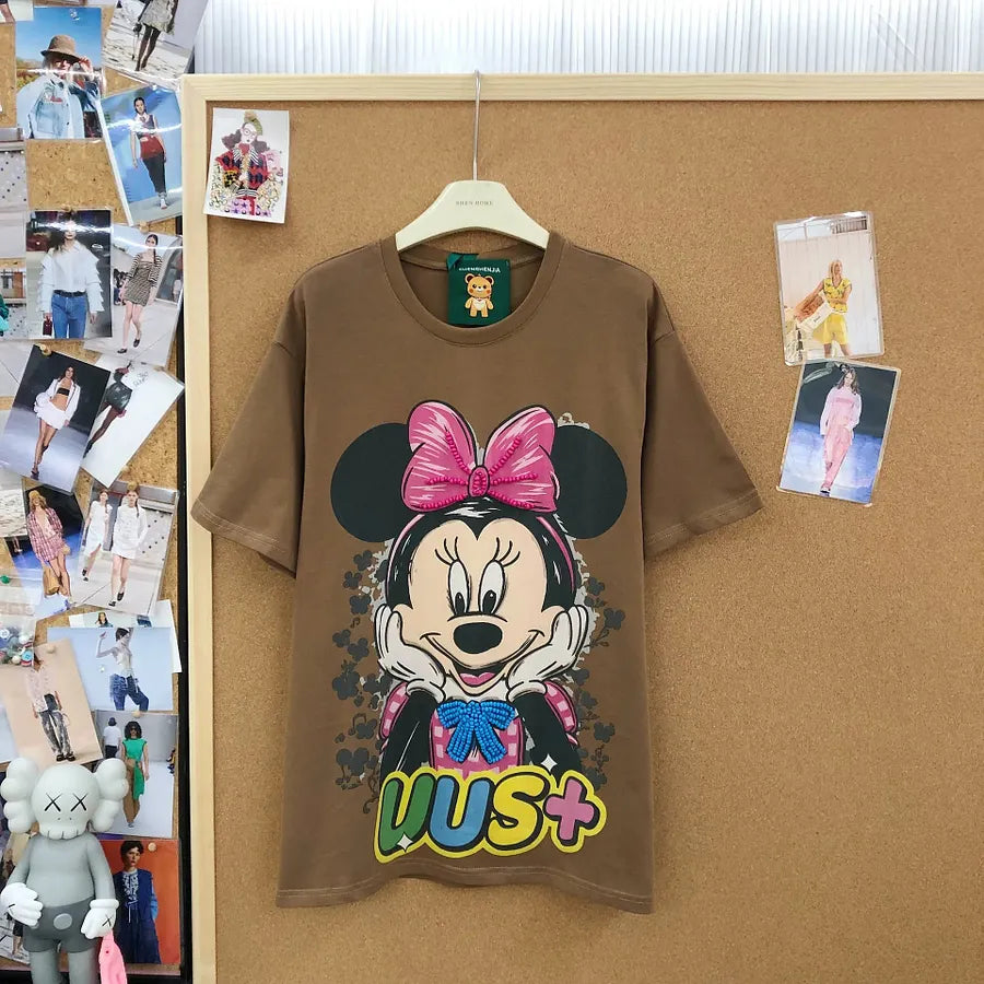 VINESU MKT04 - Cartoon Mouse Hand-Embellished Oversized Cotton T-Shirt
