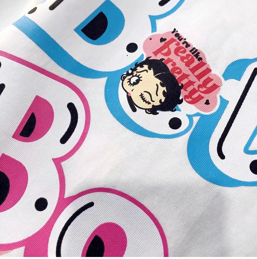 VINESU A01 - Rhinestone Betty Boop Cotton Brushed Oversized T-Shirt