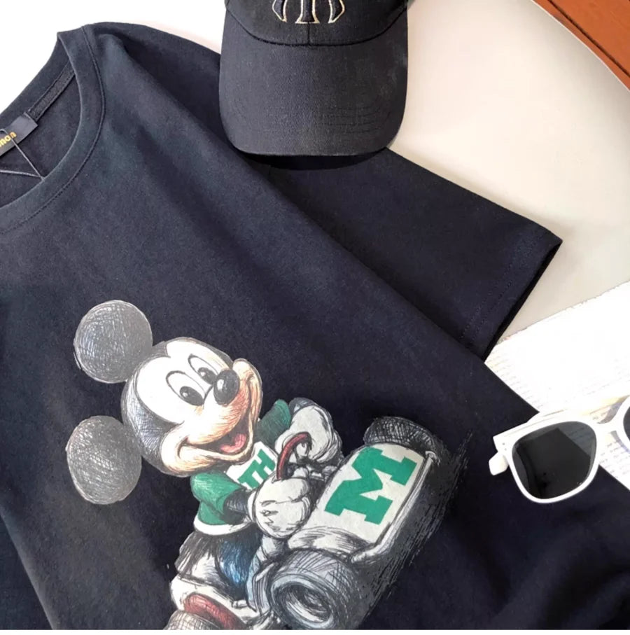 A142 - Vintage Sketch Mickey Mouse Go-Kart Graphic T-Shirt - Premium Heavyweight 100% Cotton (220g) - Retro Racing Style Tee