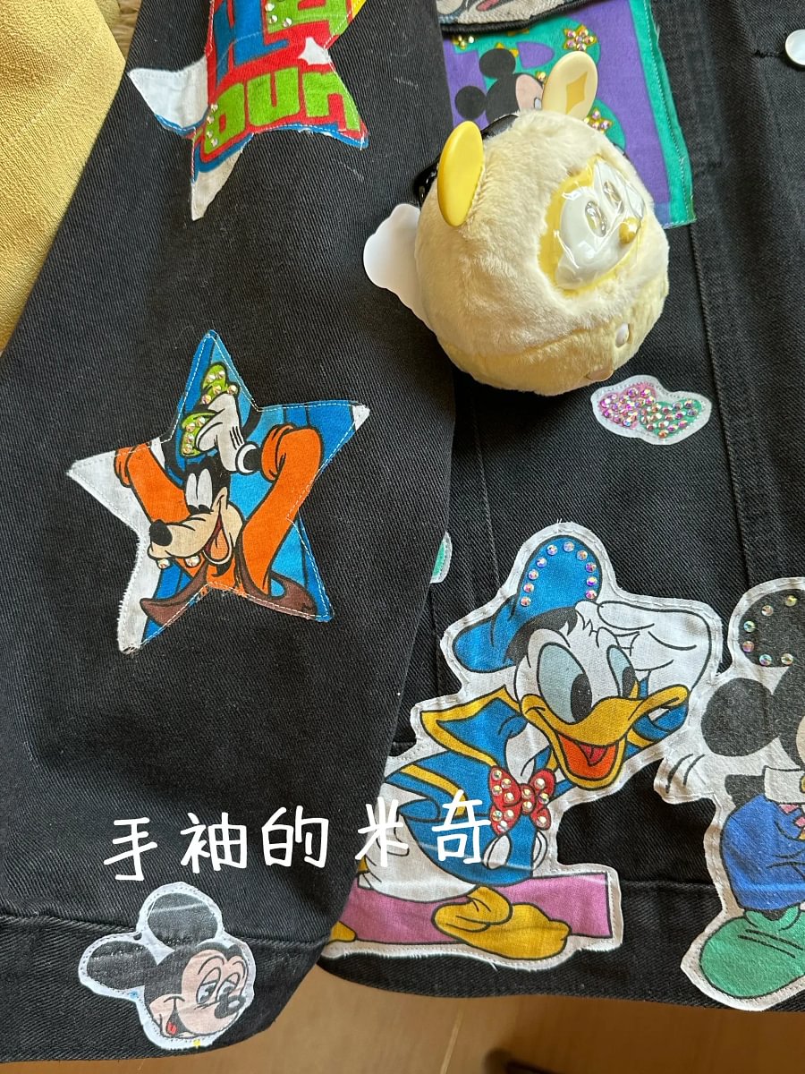 Vinesu A70 - Custom Mickey Patchwork Denim Jacket - Handmade Oversized Jean Jacket