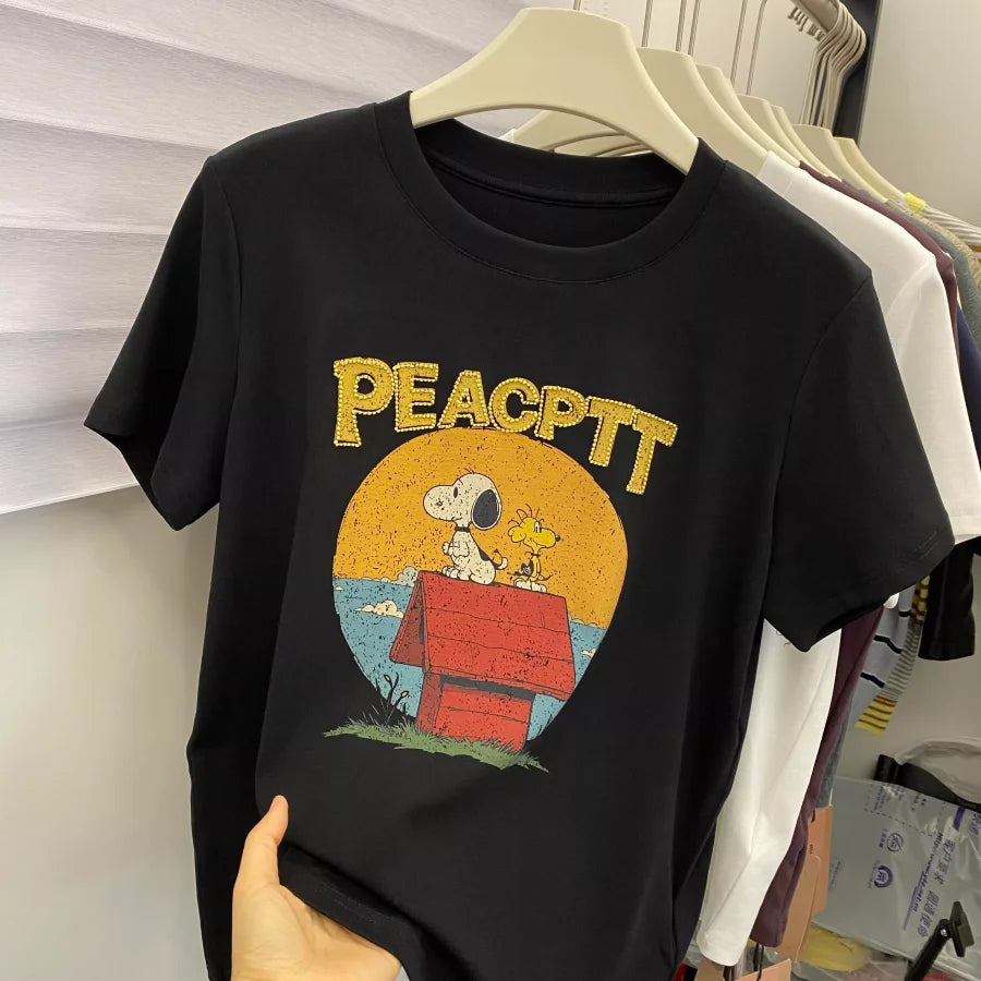 A148 - Snoopy Vintage Retro Comic Oversized Tee - Hand-Embroidered Lettering & Graphic T-Shirt