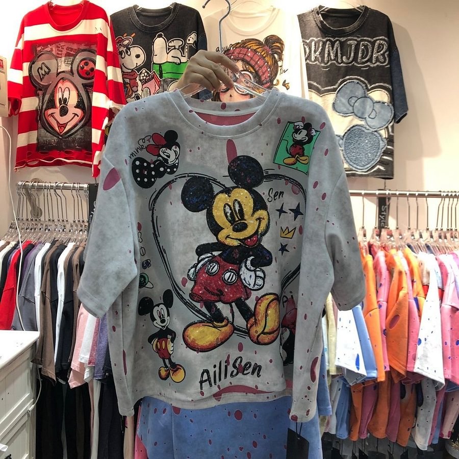 A163 - Mickey Mouse Sequin Cropped Tee - 320g Ultra-Heavyweight Premium Cotton - Boxy Fit Short Graphic T-Shirt