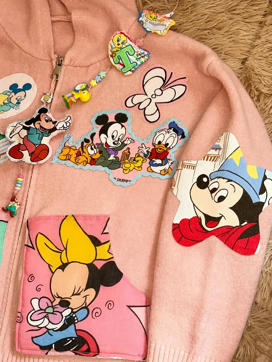 Vinesu A68 - Trendy & Cute Mickey & Minnie Knitted Hooded Cardigan - Warm Knit Sweater for Spring, Autumn, Winter