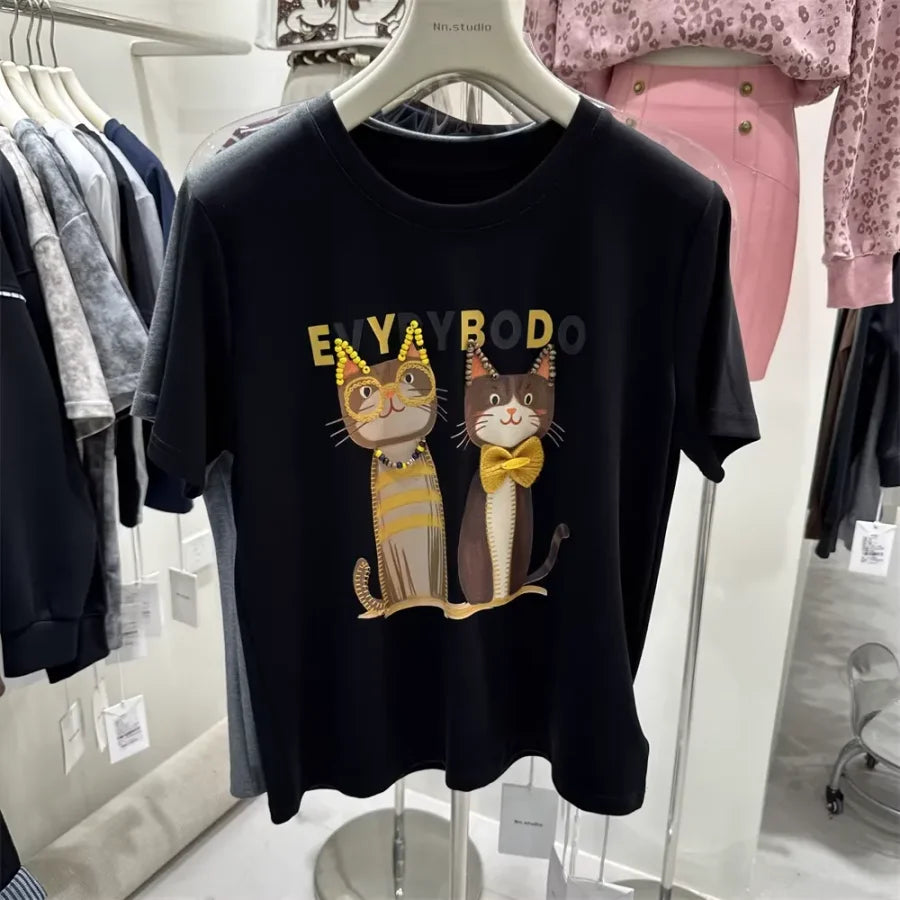A105 - 220g Heavyweight Cotton Creative 3D Cat Graphic T-Shirt with Handmade Beaded Glasses & Bowtie - Premium Loose Fit Tee