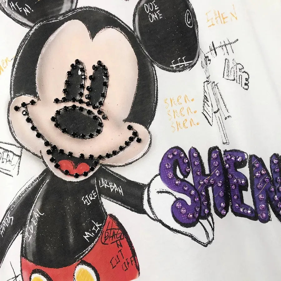 VINESU MKT07 - Oversized Graffiti Mouse T-Shirt for Women - 220g Breathable Cotton with Pearl & Rhinestone Embellishments (Sizes S-3XL)