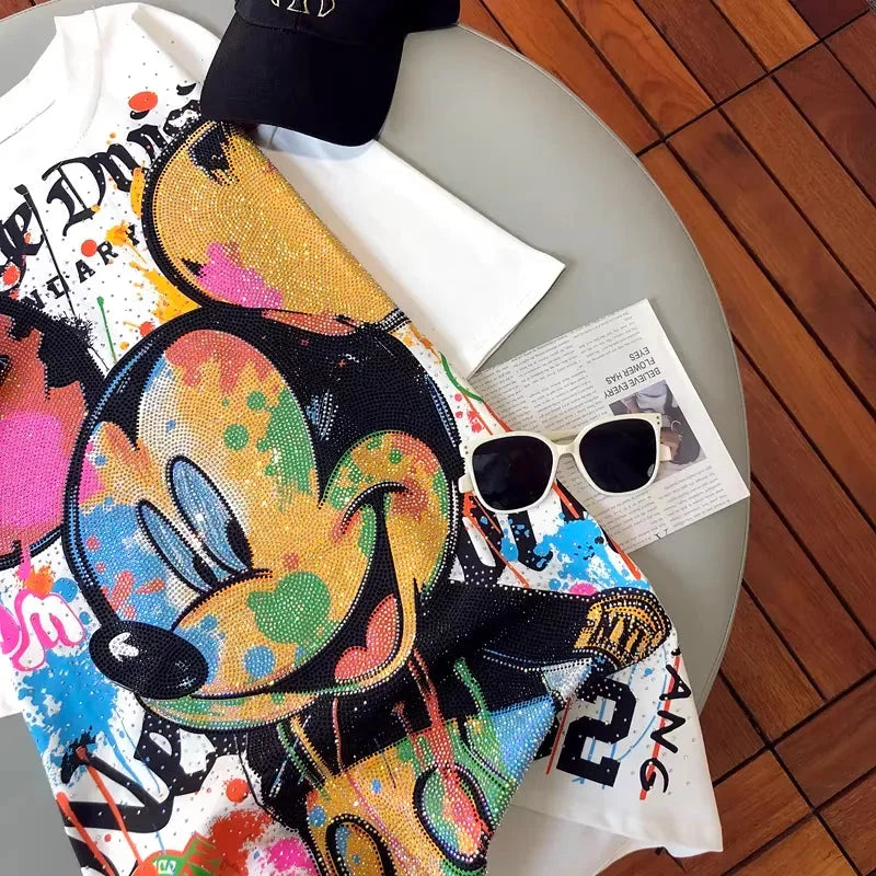 VINESU MK06 - Full Rhinestone Graffiti Mickey Oversized Cotton Tee