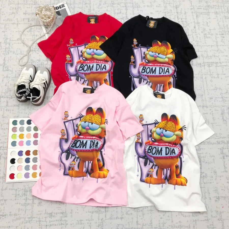 VINESU Rhinestone-Embellished Lazy Cat BOM DIA T-Shirt